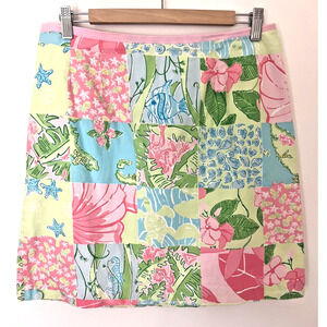Vintage 90's Lilly Pulitzer Mini Skirt Size 12 Patchwork Fish Floral Patterns